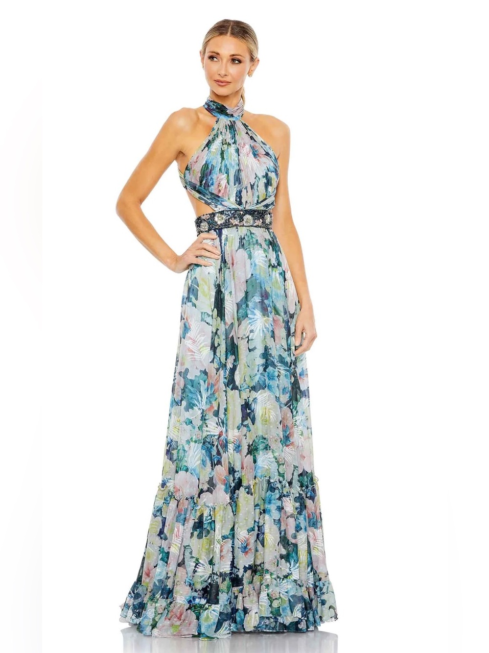 Mac Duggal 68089 Pastel Multicolor Floral Halter Maxi Dress